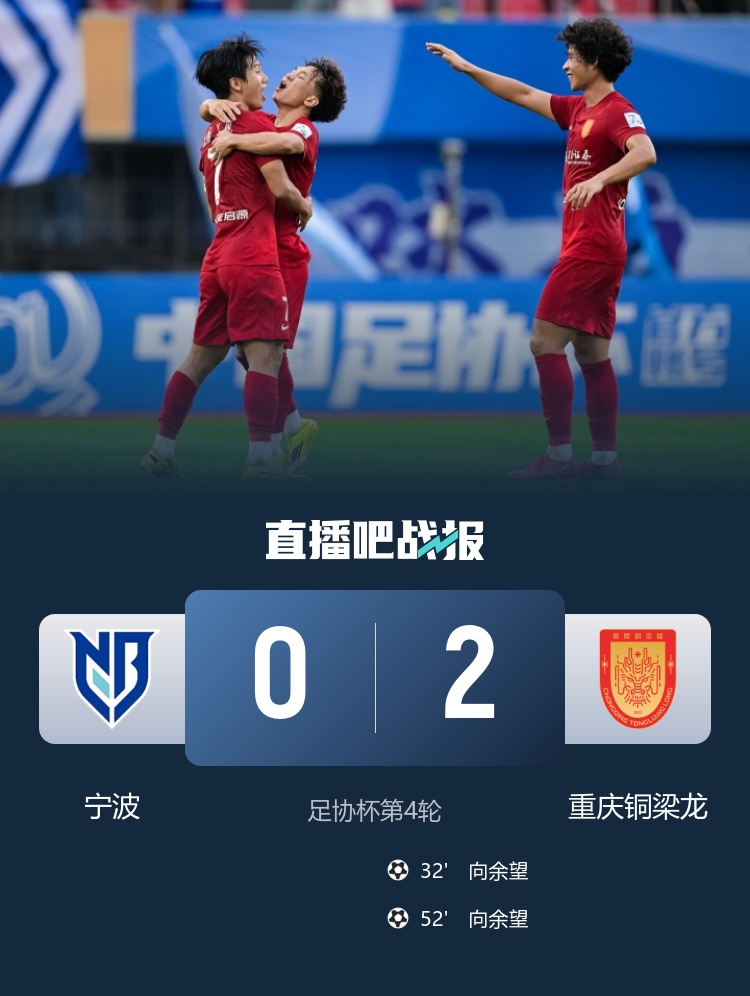 向余望双响 重庆铜梁龙客场2-0宁波 晋级足协杯16强
