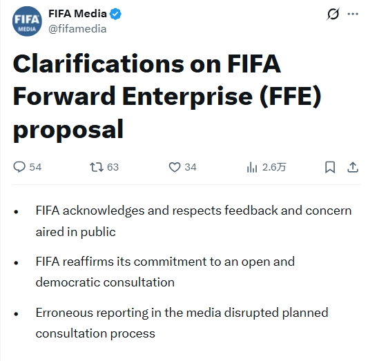 FIFA官方重申继续推进FFE进程 确保各会员协会基于事实投票