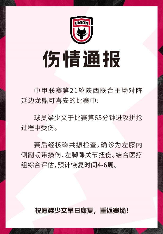 陕西联合官方:梁少文左膝内侧副韧带损伤,预计恢复时间4-6周 陕西联合官方:梁少文左膝内侧副韧带损伤,预计恢复时间4-6周